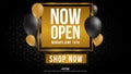 Now open shop or new store gold and grey color luxury sign on black background.Template design crown and falling gold confetti