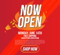 Now open shop or new store red and orange color fire sign on black background.Template design for opening event Royalty Free Stock Photo