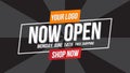 Now open shop or new store red and orange color sign on black background.Template design for opening event.Can be used for poster Royalty Free Stock Photo