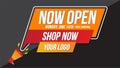 Now open shop or new store red and orange color sign on black background.Template design for opening event.Can be used for poster Royalty Free Stock Photo