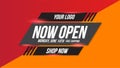 Now open shop or new store red and orange color sign on black background.Template design for opening event.Can be used for poster Royalty Free Stock Photo