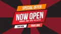 Now open shop or new store red and orange color sign on black background.Template design for opening event.Can be used for poster Royalty Free Stock Photo