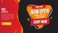 Now open shop or new store red and orange color sign on black background.Template design for opening event.Can be used for poster Royalty Free Stock Photo