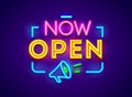 Now Open Typography, Glowing Neon Banner Isolated on Blue Background. Sign for Store, Shop Door or Company Service Royalty Free Stock Photo