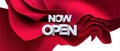 Now Open white sign on red fabric background Royalty Free Stock Photo