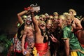 Surabaya indonesia. November 27, 2017. A group of traditional dancers are having selfies using cellphone cameras Royalty Free Stock Photo