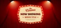 Now showing movie in cinema banner design. Old classic Retro theater billboard sign on theater stage red curtain backdrop with Royalty Free Stock Photo