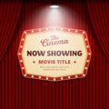 Now showing movie in cinema poster design. retro theater sign with spotlight and red curtain background vector illustration Royalty Free Stock Photo
