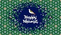 Nowruz greeting card with bird sitting on a text.