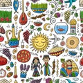 Nowruz, holiday of arrival of spring. Holiday symbols, people, food, customs and traditions. Seamless Pattern for your