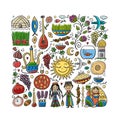 Nowruz, holiday of arrival of spring. Holiday symbols, people, food, customs and traditions. Uzbekistan art. Gift card