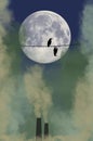 Noxious smoke is seen at night. Birds, one alive, one dead are on a wire in front of the moon