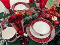 Noyabrsk, Russia - December 20, 2021: Beautiful bright Christmas and New Year table setting. Holiday decorations. Decor Royalty Free Stock Photo