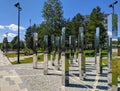 Noyabrsk, Russia - July 27 2022: Beautiful installation of mirror pillars is installed in the city square