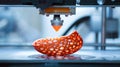 nozzle of a 3D printer extruding molten red plastic to create a solid object Royalty Free Stock Photo