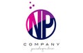 NP N P Circle Letter Logo Design with Purple Dots Bubbles