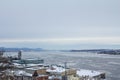 Panorama of frozen Saint Lawrence river fleuve Saint Laurent in Quebec city during a winter afternoon. Royalty Free Stock Photo