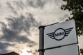 Mini logo on their main dealership store Belgrade. Also known as Austin or Cooper, Mini is a British car manufacturer Royalty Free Stock Photo