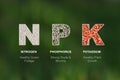 NPK letters made of mineral fertilisers on the blurred natural background. Royalty Free Stock Photo