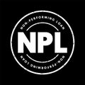 NPL Non-Performing Loan - bank loan that is subject to late repayment or is unlikely to be repaid by the borrower in full, acronym