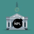 NPL text abbreviation of Non Performing Loan on the black bomb with a wick in front of bank building while the empty coin is