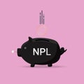 NPL text abbreviation of Non Performing Loan on the coin box. Dark piggy bank with a wick and falling empty coin. Vector