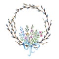 Spring wreath and branches with leaves and flowers. Pink bow Watercolor Royalty Free Stock Photo