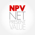 NPV Net Present Value - the cash flows at the required rate of return of your project compared to your initial investment, acronym