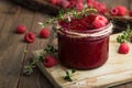 Raspberry jam with fresh raspberries and thyme. Raspberry fresh Royalty Free Stock Photo
