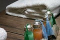 Reflection of towel, shampoo and gel in the mirror Royalty Free Stock Photo