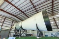 nside hangar with SATURN V Rocket in Space Center - close up of Rocket Royalty Free Stock Photo