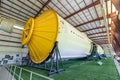 nside hangar with SATURN V Rocket in Space Center - close up of Rocket