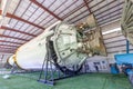 nside hangar with SATURN V Rocket in Space Center - . close up of Rocket