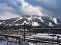 Snow covered Karuizawa tram station and mountain area