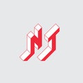 NT - logo or 2-letter code. Isometric 3d font for design. N and T - Monogram or logotype. Vector. Three-dimension letters