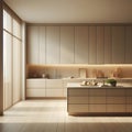 nterior design of a kitchen, minimal style, beige and wood, Muji style, A kitchen adorned with clean lines and minimalistic