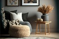 nterior design of living room with stylish pouf, carpet decor, slippers, picture frame, pillow, blanket, ethno rattan basket with