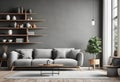 nterior of modern living room with gray walls, wooden floor, brown sofa and bookshelves.