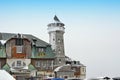 Winter Klinovec lookout tower with hotel in Ore Mountains Royalty Free Stock Photo