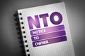 NTO - Notice To Owner acronym on notepad, business concept background Royalty Free Stock Photo