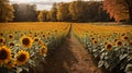 Nuanced shift from summer to autumn by featuring a scene filled with bright sunflowers Royalty Free Stock Photo