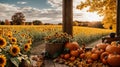 Nuanced shift from summer to autumn by featuring a scene filled with bright sunflowers Royalty Free Stock Photo