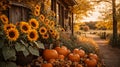 Nuanced shift from summer to autumn by featuring a scene filled with bright sunflowers Royalty Free Stock Photo