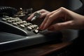 Businesswoman\'s hand in close-up, deftly dialing a number on an office phone. AI Generated