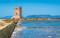 Nubia Tower at the Trapani salt flats. Sicily, southern Italy. Royalty Free Stock Photo