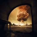 Nuclear bomb explosion, view from bomb shelter. Atomic war bomb with orange cloud and radioactive dust on city road