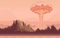 Nuclear bomb explosion in the desert. Mushroom cloud. Vector illustration.