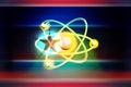 Nuclear bomb, nuclear test. Atom nuclear model on North Korean scratched Flag. 3d illustration