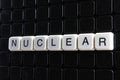 Nuclear control text word title caption label cover backdrop background. Alphabet letter toy blocks on black reflective background Royalty Free Stock Photo