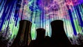 Nuclear Cooling Towers: Psychedelic Light & Eerie Vibe, generative ai Royalty Free Stock Photo